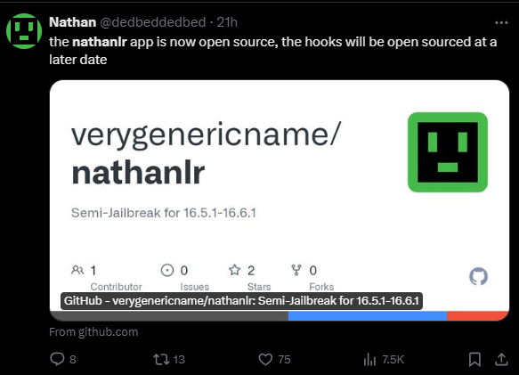 Nathanlr semi-jailbreak for iOS 16.6.1 - 16.5.1