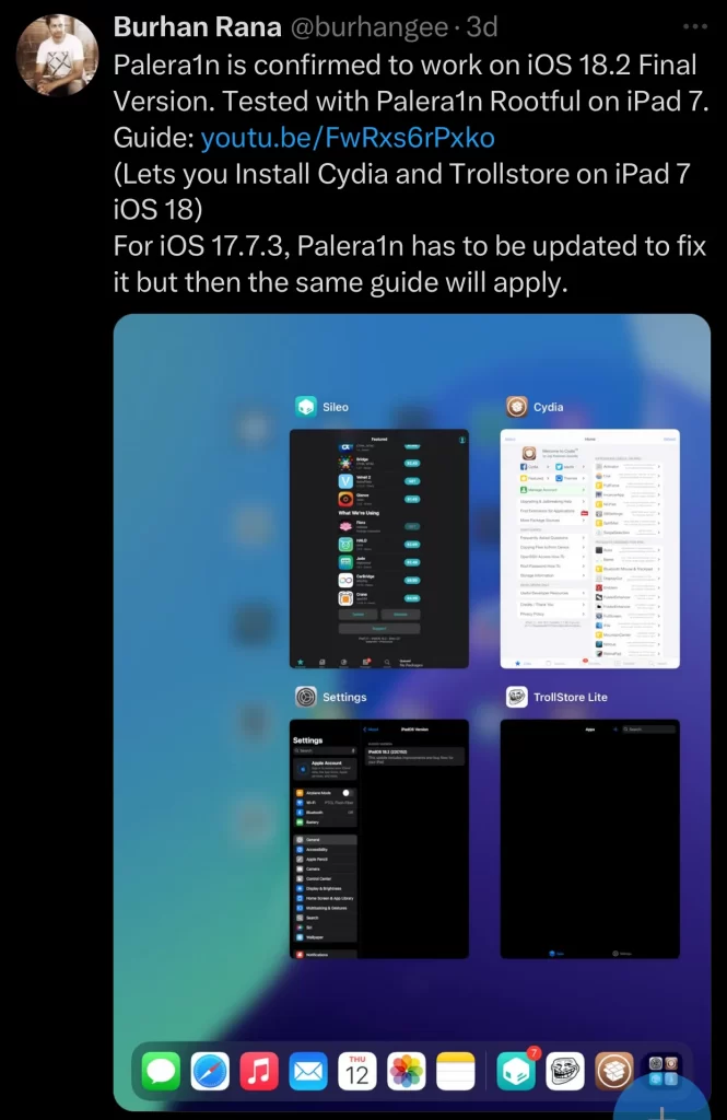 Palera1n support iOS 18.2 (Twitter Post)