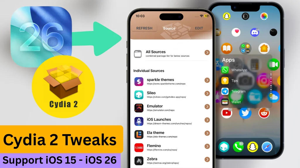 Cydia 2 tweaks for iOS 15 - iOS 26 (No Jailbreak Required)