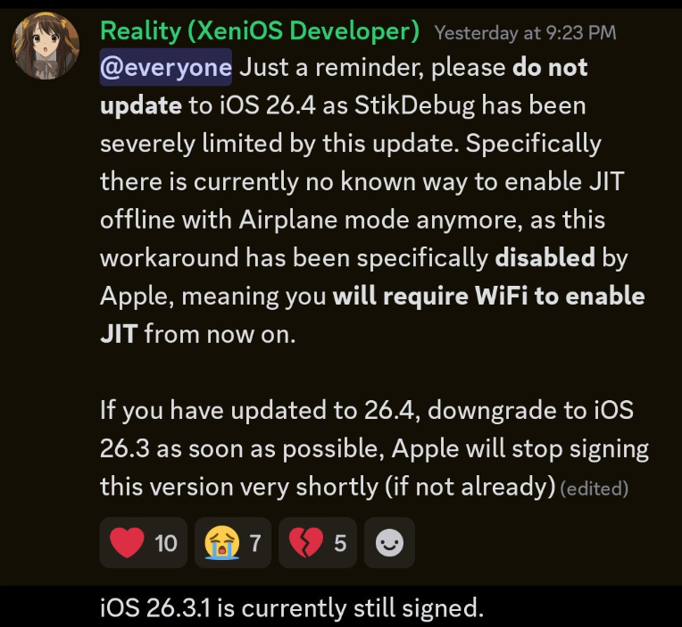 iOS 26.4 jailbreak update